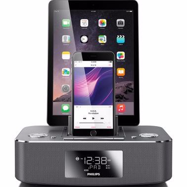 飛利浦DC395蘋果iphone5/6P/7P/iPad雙接口充電器 收音機(jī)藍(lán)牙家居音箱 銀色 蘋果版