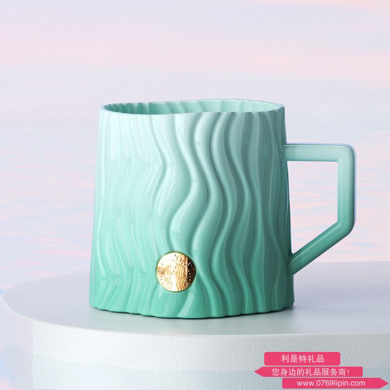 星巴克條紋浮雕款徽章馬克杯綠色440ml