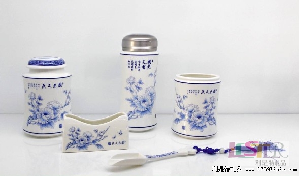 國色天香保溫杯茶葉罐筆筒茶葉勺名片座五件套（亮）